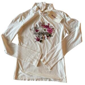 Kenzo Kids Embroidered Floral Long Sleeve Mock Neck Top Cream Size 12 Luxury